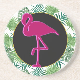 Tropical Leaves Pattern and Pink Flamingo Sandstone Coaster