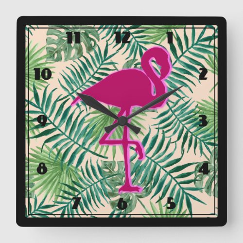 Tropical Leaves Pattern and Pink Flamingo Square Wall Clock