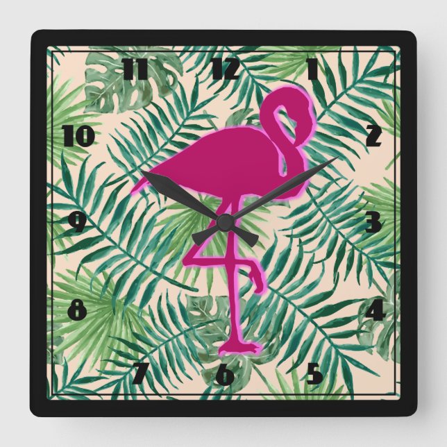 Tropical Leaves Pattern and Pink Flamingo Square Wall Clock (Front)