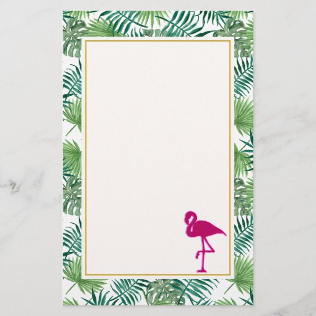 Tropical Leaves Pattern and Pink Flamingo Stationery (Front)
