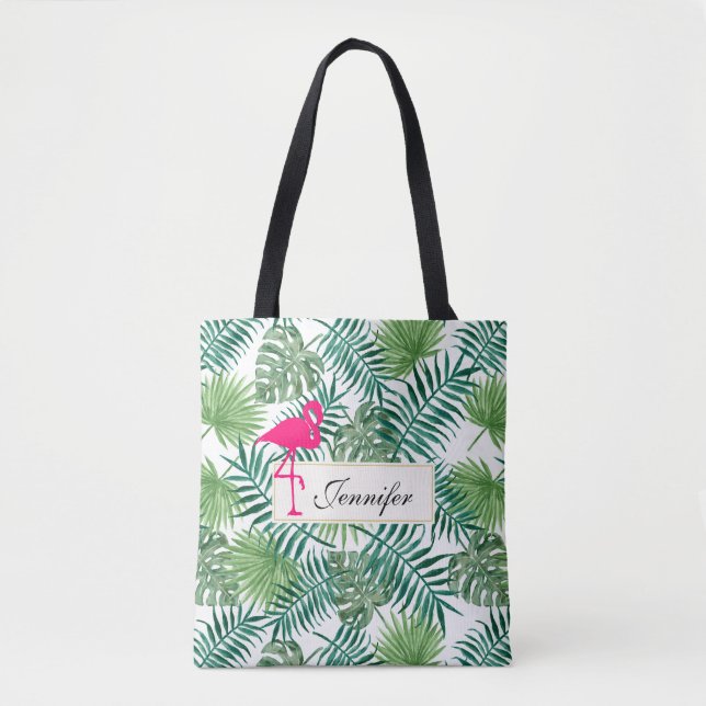Tropical Leaves Pattern and Pink Flamingo Tote Bag (Front)