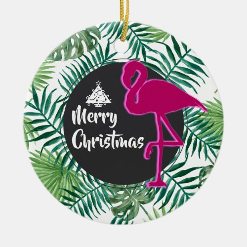 Tropical Leaves Pattern and Pink Flamingo Xmas Ceramic Ornament