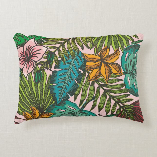 Tropical Leaves Pattern - Boho Floral Decor Accent Pillow (Front)