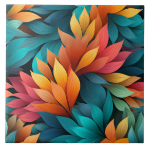 Tropical Leaves Pattern, Dark Orange and Cyan Ceramic Tile