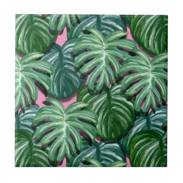 Tropical Leaves Pattern - Green Foliage Ceramic Tile (Front)