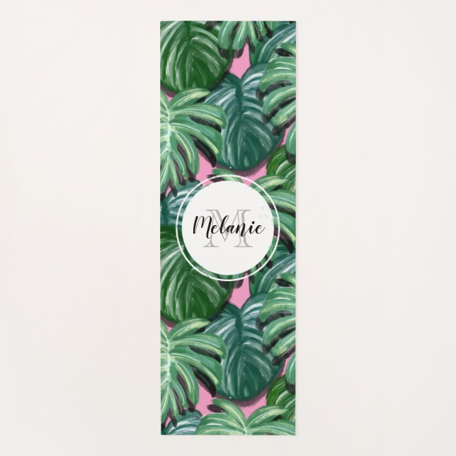 Tropical Leaves Pattern - Green Foliage Monogram Yoga Mat (Front)