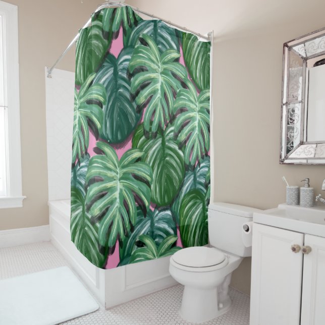 Tropical Leaves Pattern - Green Foliage Shower Curtain (In Situ)