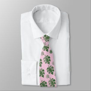 Tropical Leaves Pattern Green on Pink Neck Tie