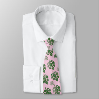 Tropical Leaves Pattern Green on Pink  Neck Tie