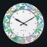 Tropical leaves pattern large clock<br><div class="desc">Turquoise and blue tropical leaves pattern on a white background.</div>