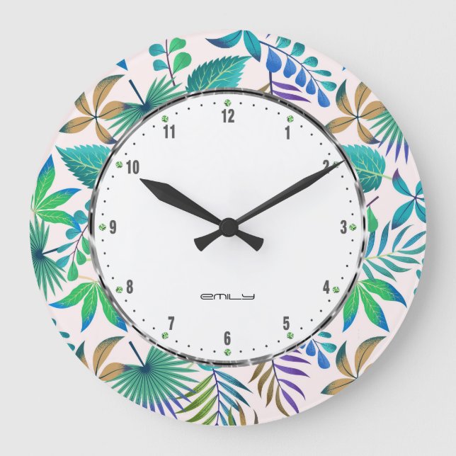 Tropical leaves pattern large clock (Front)