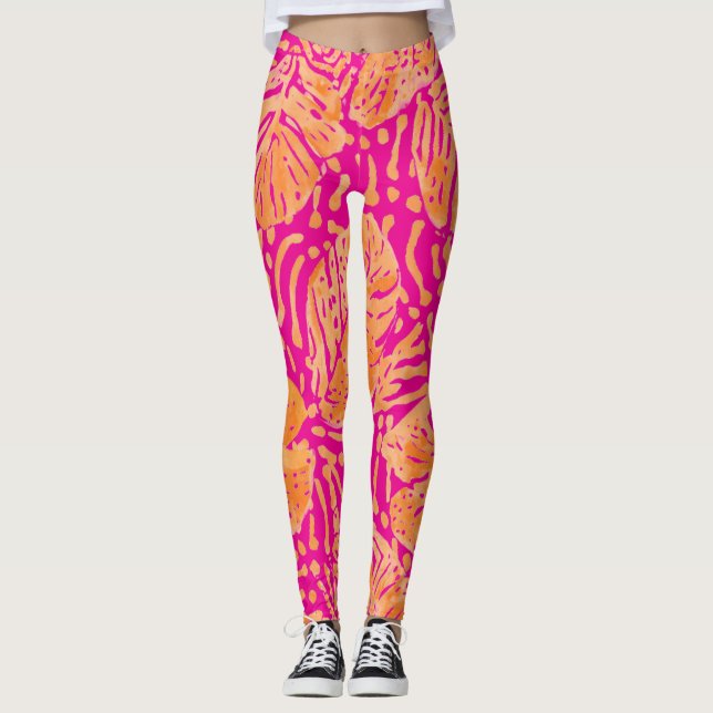 Tropical Leaves Pattern, shocking Pink, Orange  Leggings (Front)