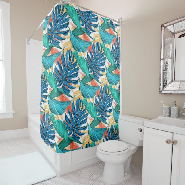 Tropical Leaves Pattern Shower Curtain (In Situ)
