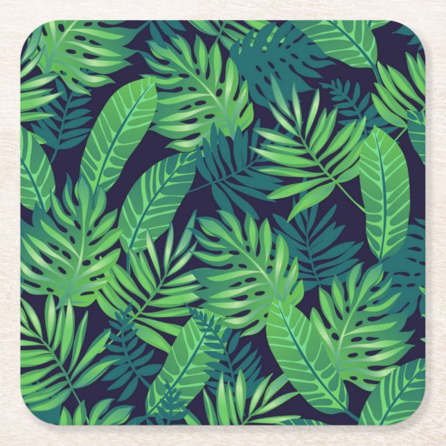 Tropical Leaves Pattern Square Paper Coaster (Front)
