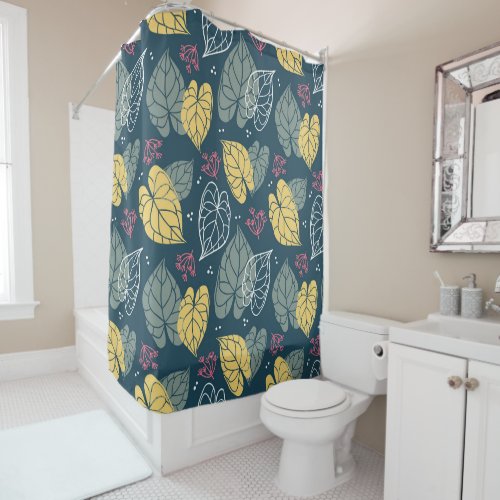 Tropical leaves pattern yellow green and pink shower curtain