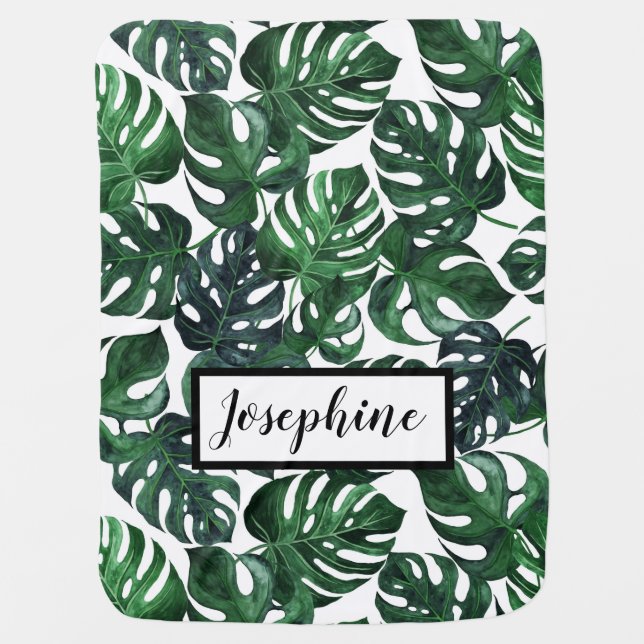 Tropical Leaves Personalized Baby Blanket (Front)
