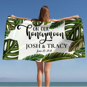 Tropical Leaves Personalized Names Honeymoon Gifts Beach Towel