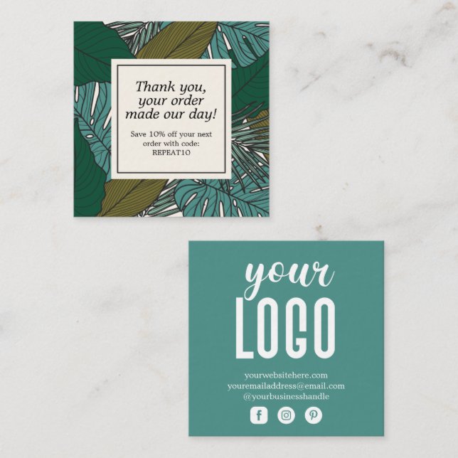 Tropical Leaves Personalized Order Thank You Square Business Card (Front/Back)