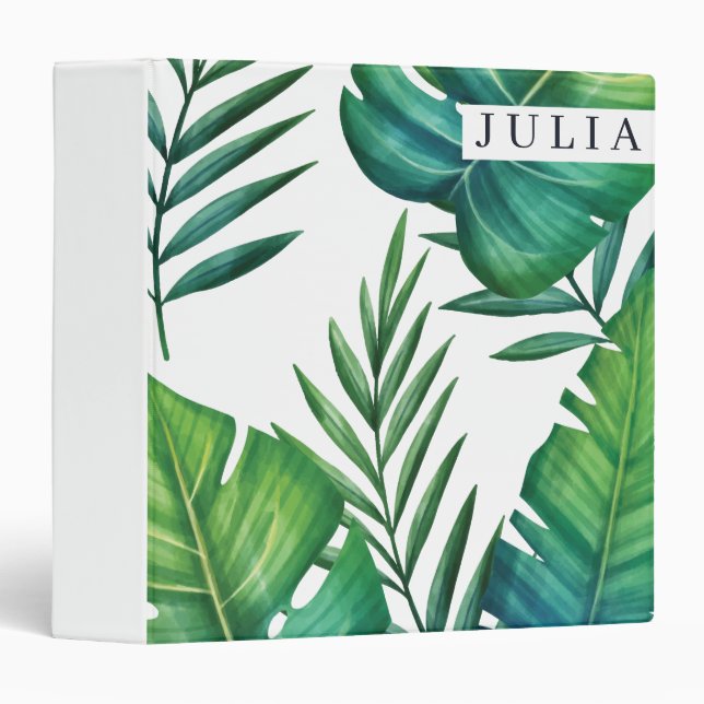 Tropical Leaves Personalized Watercolor 3 Ring Binder (Front/Spine)