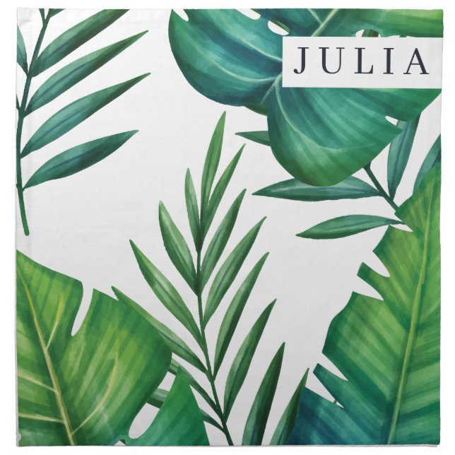 Tropical Leaves Personalized Watercolor Cloth Napkin (Front)