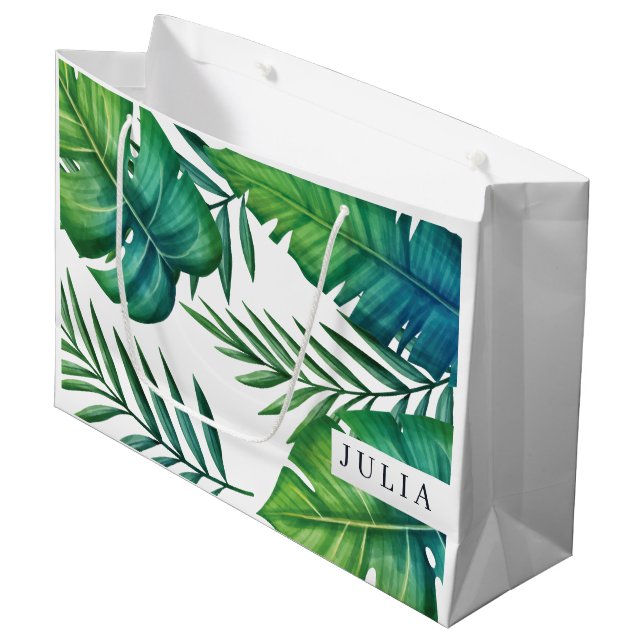 Tropical Leaves Personalized Watercolor Large Gift Bag (Front Angled)