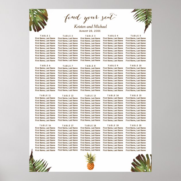Tropical Leaves Pineapple 20 Tables Seating Chart