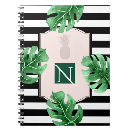 Tropical Leaves  Pineapple Elegant Chic Monogram Notebook