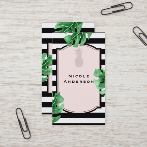 Tropical Leaves  Pineapple Elegant Modern Striped Business Card