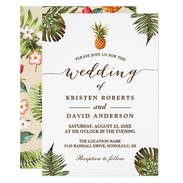 Tropical Leaves Pineapple Hawaiian Luau Wedding Card (front side)