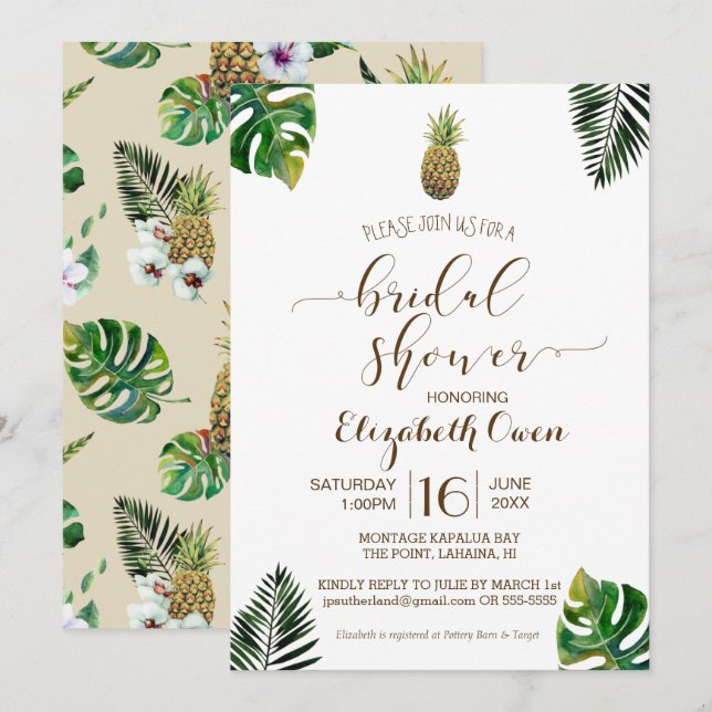 Tropical Leaves Pineapple Luau Bridal Shower Invitation (Front/Back)
