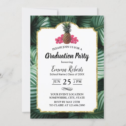 Tropical Leaves  Pineapple Luau Graduation Invitation