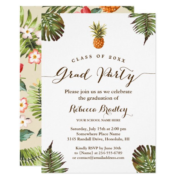 Tropical Leaves Pineapple Luau Graduation Party Card (front side)