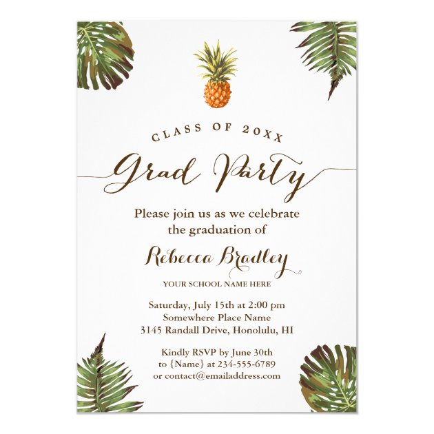 Tropical Leaves Pineapple Luau Graduation Party Card