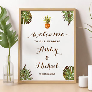 Tropical Leaves Pineapple Luau Wedding Sign