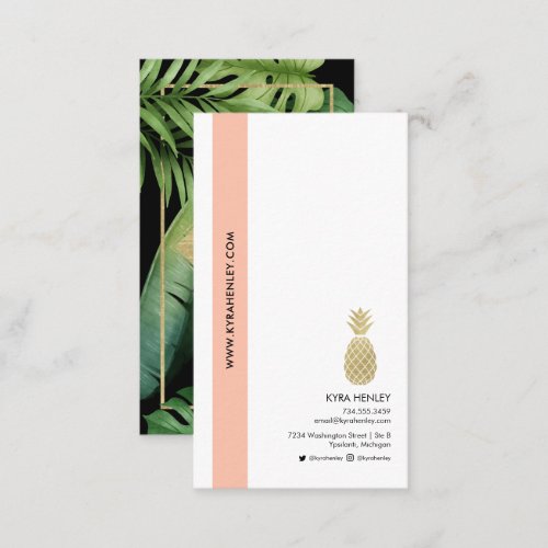 Tropical Leaves Pineapple Monogram Gold Foil Business Card