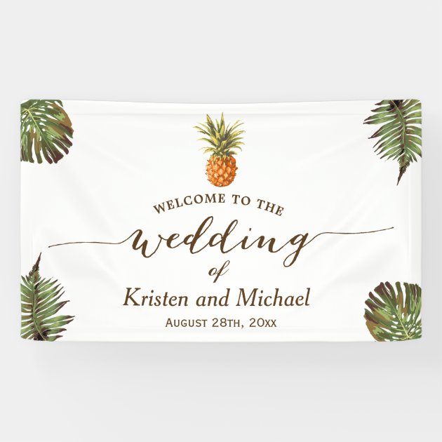 Tropical Leaves Pineapple Stylish Wedding Party Banner