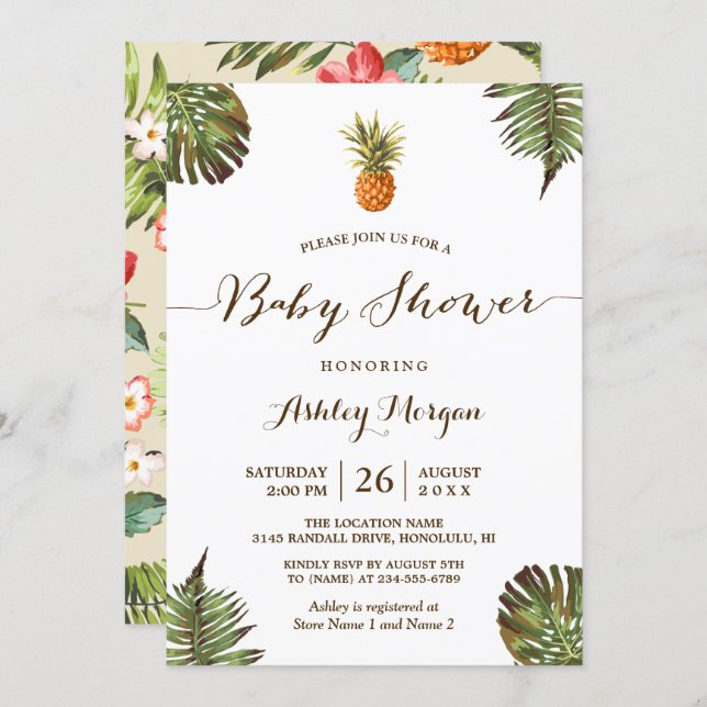 Tropical Leaves Pineapple Summer Baby Shower Invitation (Front/Back)