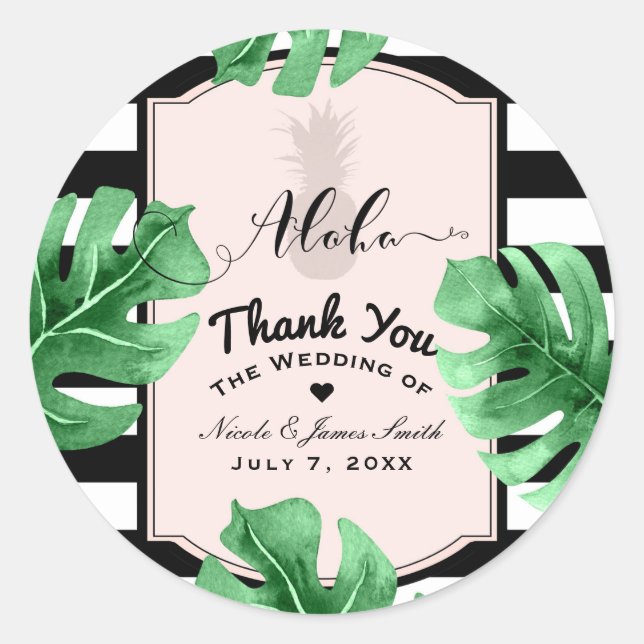 Tropical Leaves & Pineapple Wedding Elegant Favor Classic Round Sticker (Front)