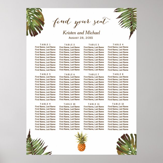 Tropical Leaves Pineapple Wedding Seating Chart