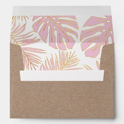 Tropical leaves pink and gold rustic wedding envelope