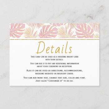Tropical Leaves Pink And Gold Wedding Insert Card by weddings_ at Zazzle