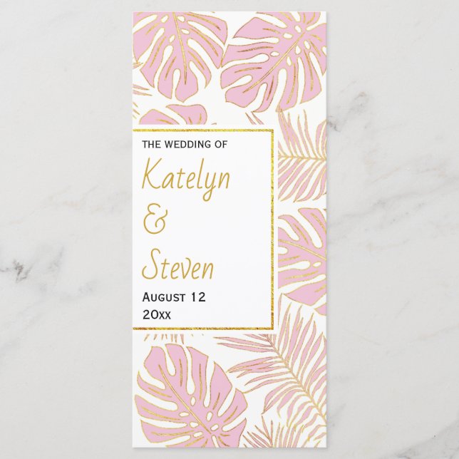 Tropical leaves pink and gold wedding program (Front)