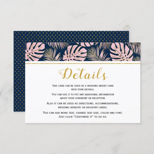 Tropical leaves pink and navy wedding enclosure card