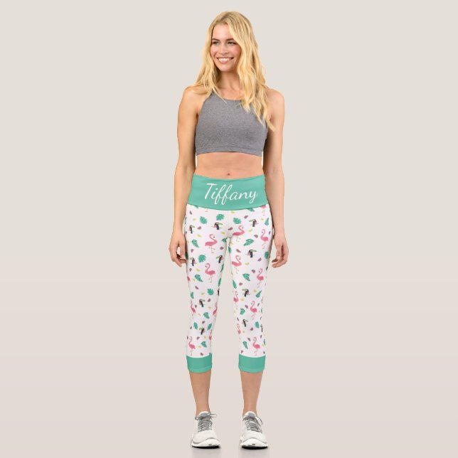Tropical leaves pink flamingo colorful toucan capri leggings (Front)