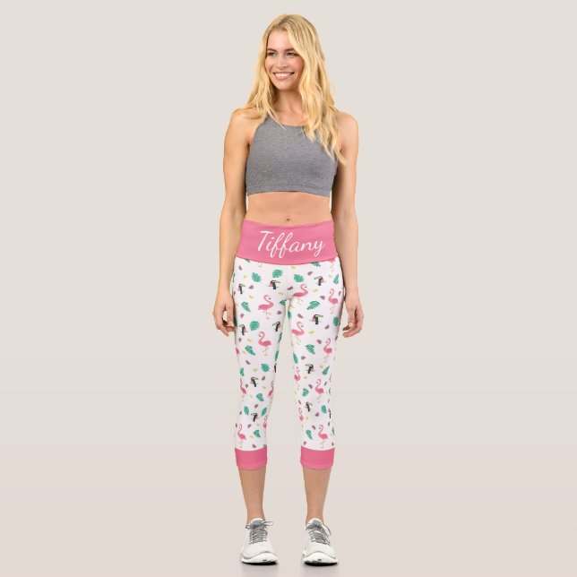 Tropical leaves pink flamingo colorful toucan capri leggings (Front)