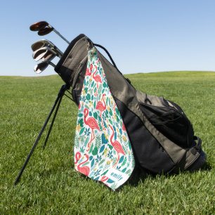 Tropical leaves, pink flamingos pattern monogram golf towel