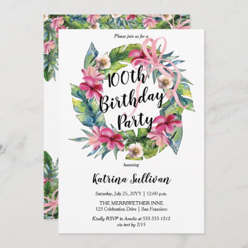 Tropical Leaves Pink Floral 100th Birthday Party  Invitation