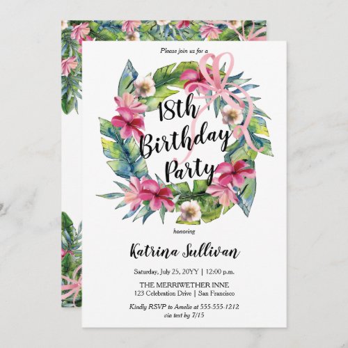 Tropical Leaves  Pink Floral 18th Birthday Party Invitation