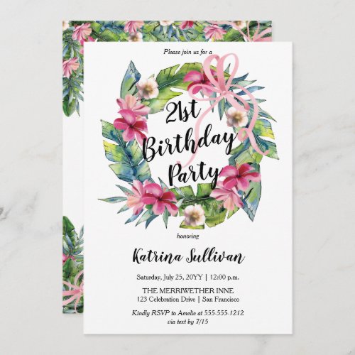 Tropical Leaves  Pink Floral 21st Birthday Party Invitation