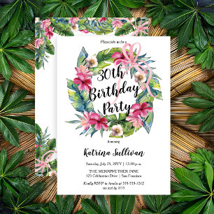 Tropical Leaves Pink Floral 30th Birthday Party Invitation